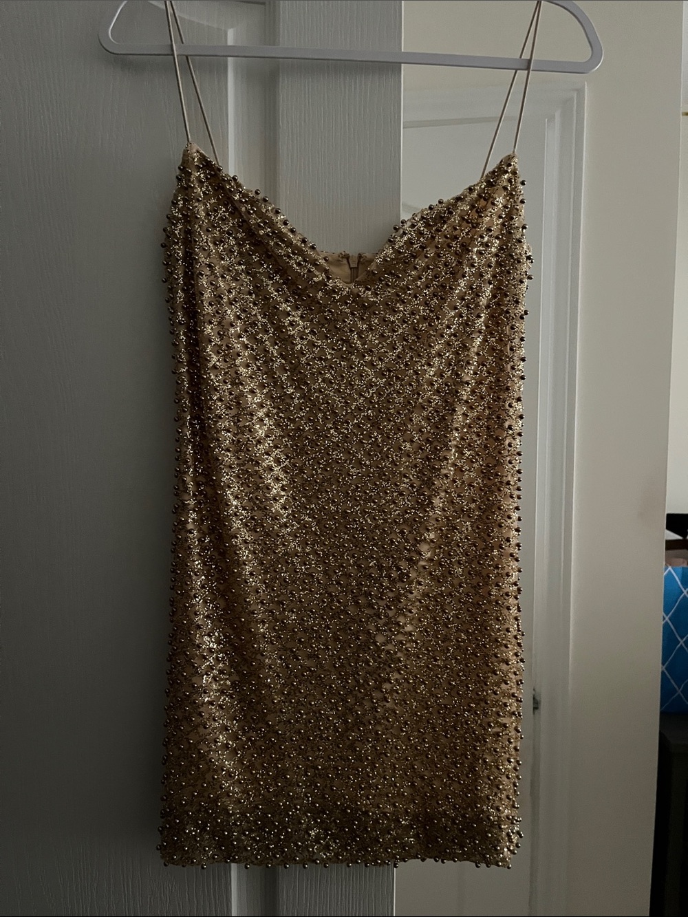 Oh Polly Gold Beaded Spaghetti Strap Mini Dress - Picture 1 of 2